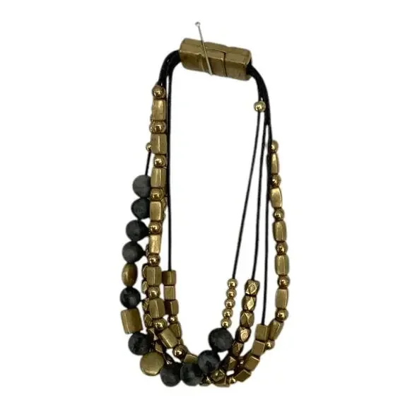 Vintage 4 Strand Layered Beaded Bracelet Black Brushed Gold Tone - Picture 3 of 5